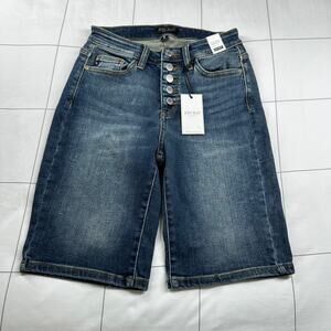 Judy Blue Shorts Womens Small Blue Denim Button Fly Bermuda Medium Wash Fade New
